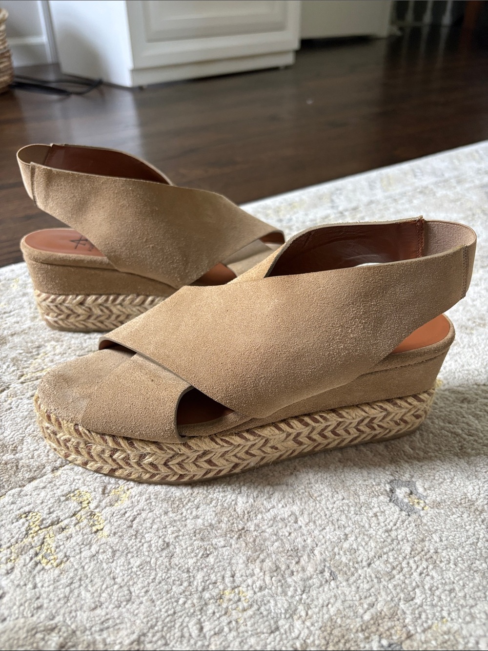 Aquatalia Jaida tan suede slingback espadrille wedge sandals